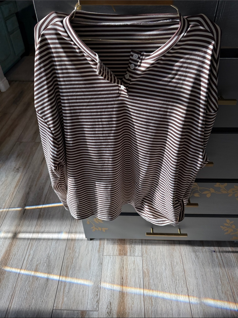 Striped Long-Sleeve Henley Top in Brown and White